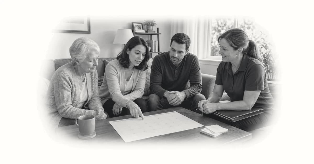 Family members coordinating care tasks for an older parent