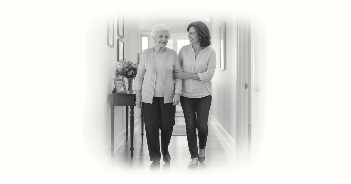Caregiver reviewing a home safety checklist in a hallway